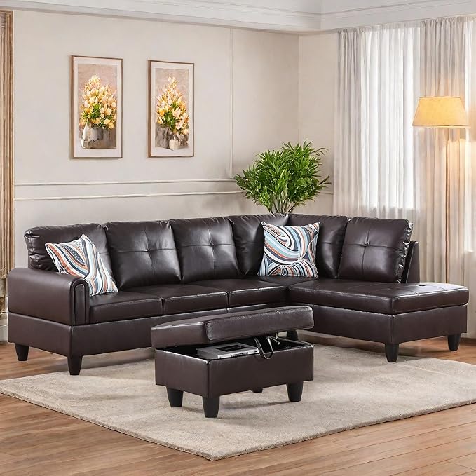L Shaped Sectional Couches, Leather Couch Modular Sectional Sofa with Ottoman Storage, Modern L Shaped Couch with Chaise for Living Room Bedroom Apartment Furniture, Black