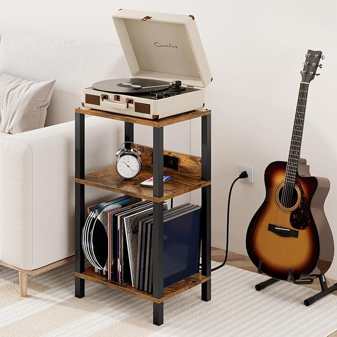 TUTOTAK Record Player Stand with Storage Up to 100 Albums，Record Storage Table,3 Tier End Table with Charging Station,Side Table for Living Room, Bedroom, Brown TB01BB076