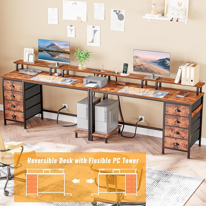 Furologee 55 Inch Computer Desk Gaming with 4 Fabric Drawers with Power Outlets and LED Lights for Home Office with Full Monitor Stand and Shelf Study Table for Small Spaces Rustic Brown