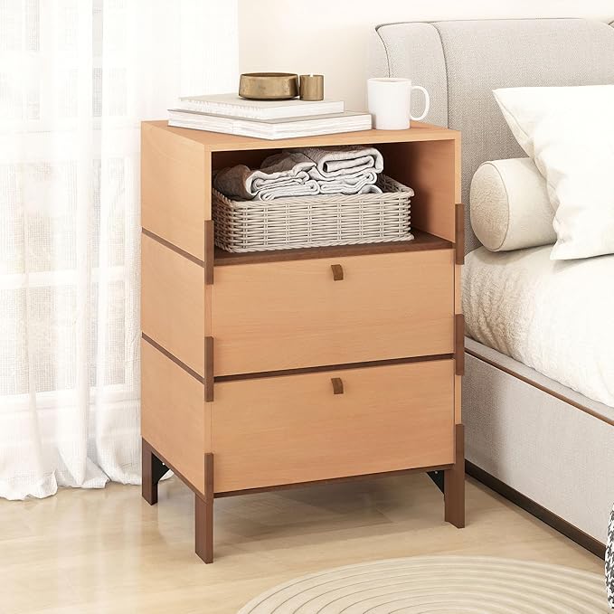 Sebastack End Table, Customizable 3 Drawers Bedside Table, Night Stand, Side Table for Bedroom, Dormitory, Mid-Century Style Wood Chest of Furnitures, 27.8 inch Tall Beech Color
