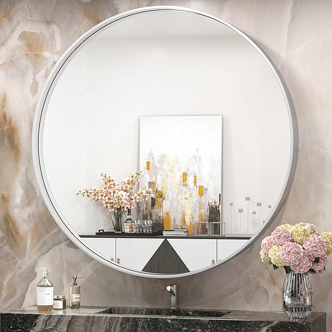 TokeShimi 40 Inch Round Silver Bathroom Vanity Mirror for Wall with Non-Rusting Aluminum Alloy Brushed Matte Metal Frame for Modern Minimalist Farmhouse Home Decor