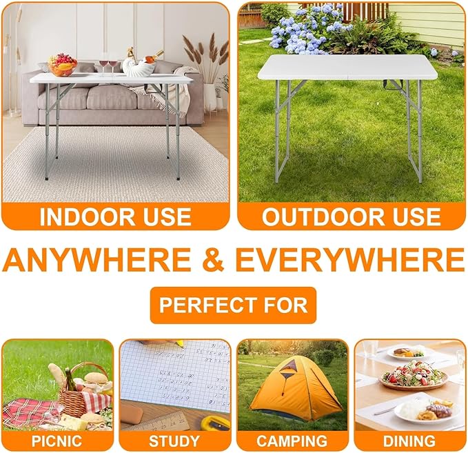 4ft Plastic Folding Table, Kids Folding Activity Table for Classrooms and Home,Indoor Outdoor Heavy Duty Portable Handle, Lock for Picnic, Party, Pong, Camping - White (4ft)