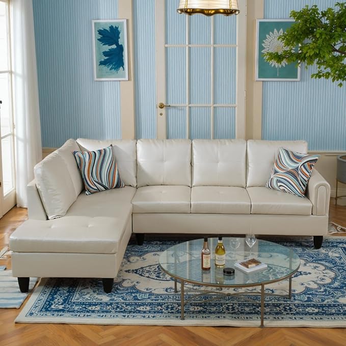 L Shaped Couch Sectional Couches with Chaise, 3 Pieces Modular Convertible Sofa for Living Room Furniture Sets and Small Apartment Faux Leather, Pearl White