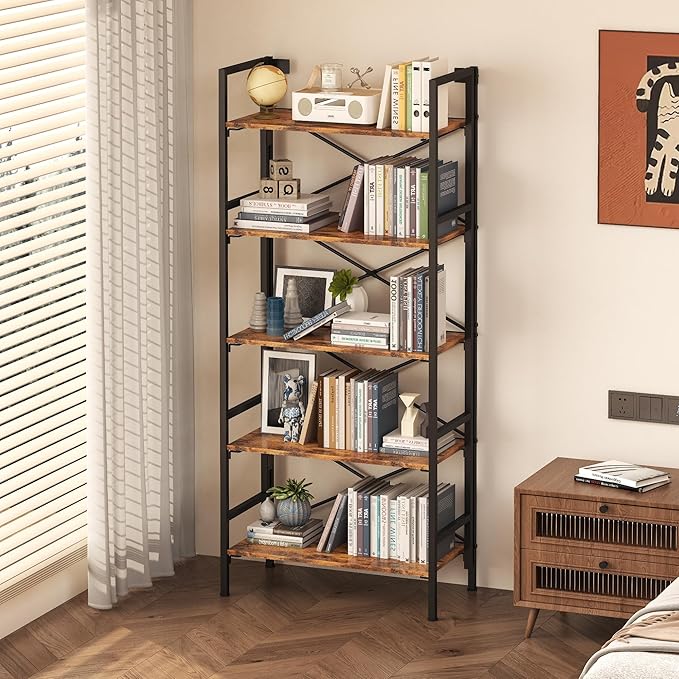Folding Bookshelf,5 Tier Bookcase Foldable Shelf with X-Bracket Design, Adjustable Feet, Space Saving Storage for Living Room, Office, Rustic Brown