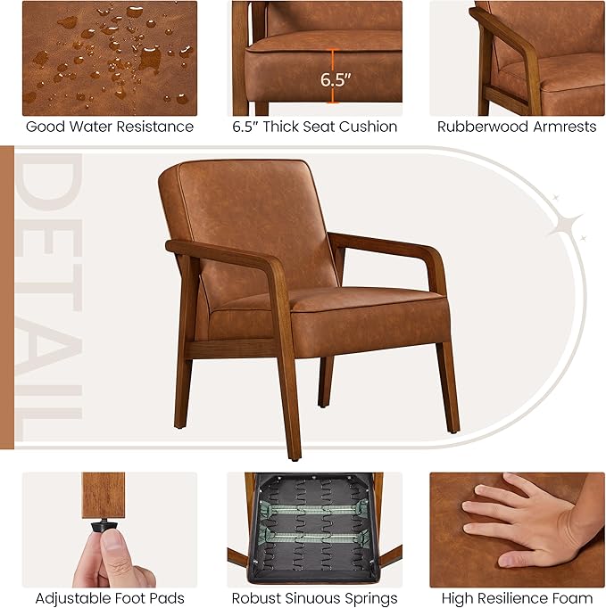 Yaheetech PU Leather Accent Chair, Mid-Century Modern Barrel Chair with Wooden Frame and Soft Thick Padded for Living Room Bedroom Home Office, 2 PCS, Light Brown