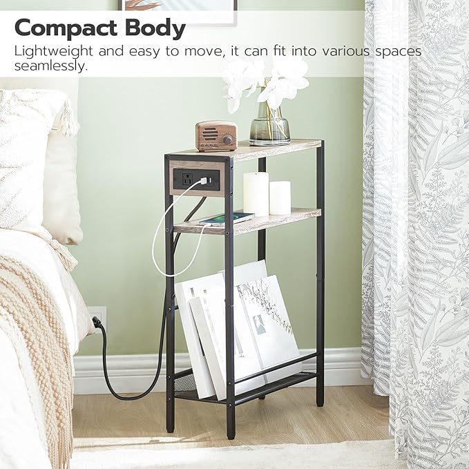 HOOBRO Small Narrow Side Table with Charging Station, Skinny End Table for Small Spaces, Slim Nightstand with USB Ports Outlet, Sofa Beside Table with Storage Shelf, Greige and Black BG102UBZ01
