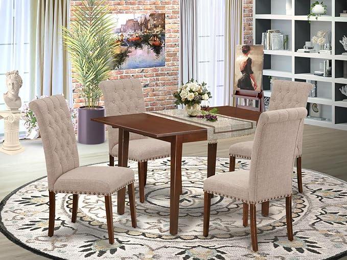 East West Furniture NOBR5-MAH-04 5 Piece Dinette Set Includes a Rectangle Dining Room Table with Butterfly Leaf and 4 Light Tan Linen Fabric Upholstered Chairs, 32x54 Inch, Mahogany