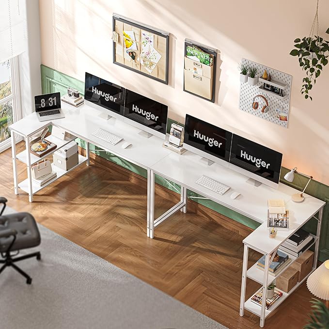 Huuger L Shaped Desk, 55 Inches Computer Desk with Reversible Storage Shelves, for Gaming Corner Home Office Writing Study, Metal Frame, White
