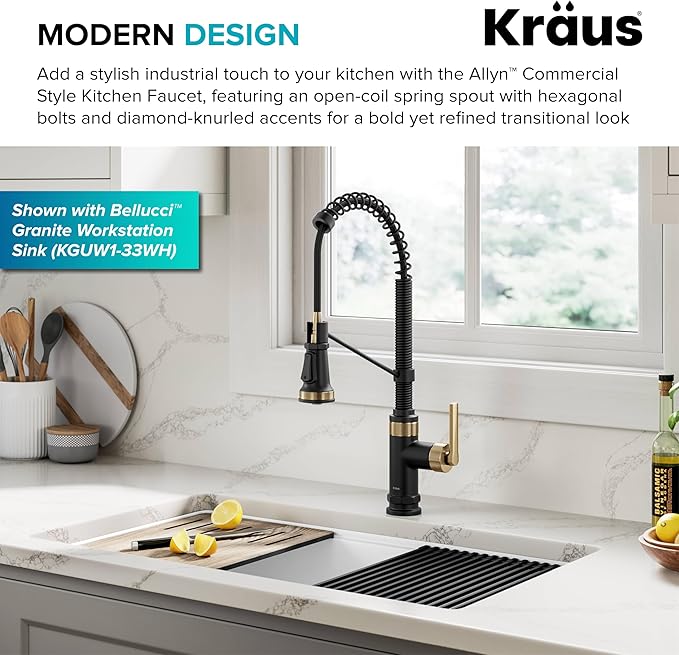 KRAUS Allyn Commercial Style 2-Function Single Handle Pull Down Kitchen Faucet in Spot-Free Brushed Brass/Matte Black, KPF-4110BBMB