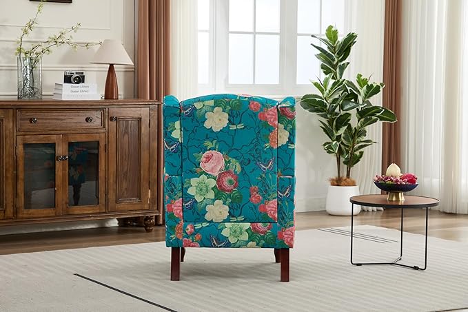 Ball & Cast Modern Accent Chair,Comfy Upholstered Armchair with Retro Wood Legs,Floral Design Single Sofa Chair,Living Room Furniture for Apartment,Bedroom,Office,Linen Fabric,Floral Cyan