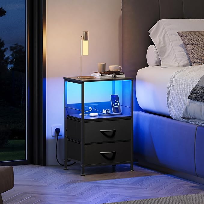 WLIVE Night Stand Set of 2 with Charger Station, Black Nightstand Sets with 2 Fabric Drawers and Storage Shelf, LED Bedside Table, Bedroom Small End Tables with 3 USB Ports and 2 AC Outlets