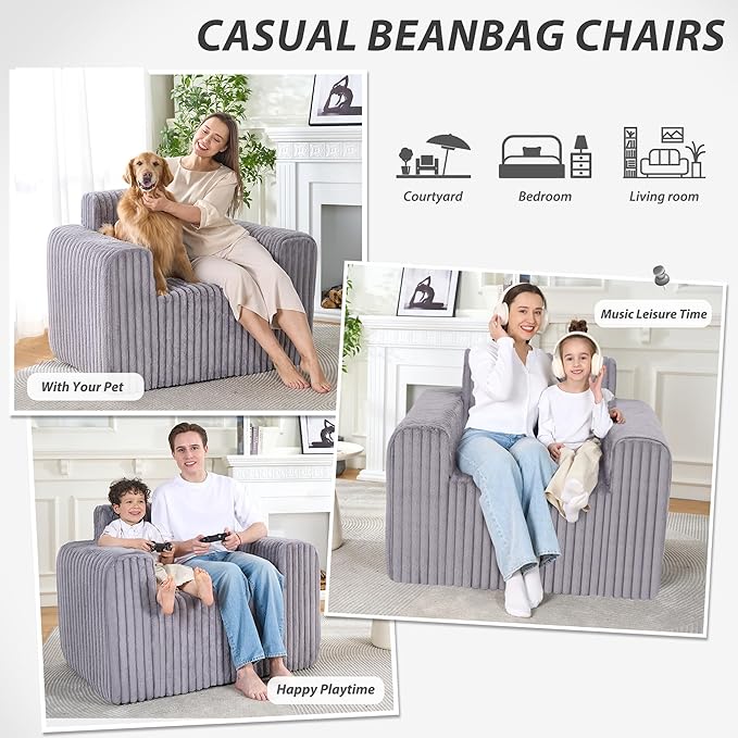 Giant Bean Bag Chair for Adults, Non-Slip Floor Sofa with High Backrest & Wider Armrest, Upgrade Whole Sponge Bean Bag Sofa Couch for Bedroom Living Room(Large,Grey,Stripe Plush)