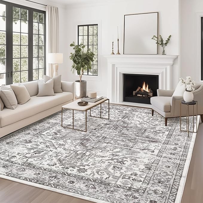 zesthome 5x7 Area Rugs - Ultra-Thin Washble Rug, Stain Resistant Anti Slip Backing Rugs for Living Room,Bedroom, Vintage Home Decor Area Rug (Grey/White,5'x7')