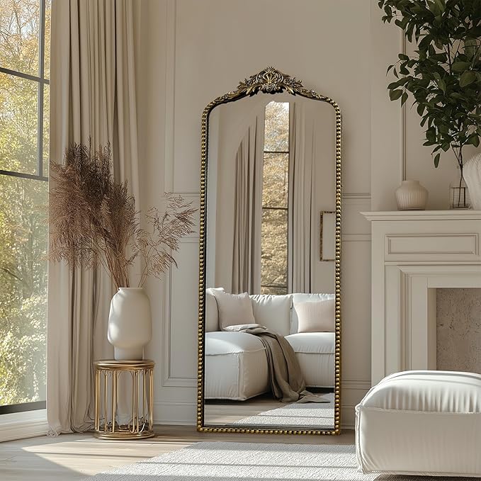G-LEAF Vintage Baroque Full Length Floor Mirror 22"X65", Victorian Antique Mirror with Black Brush Gold Ornate Metal Frame for Fireplace Entryway Living Room Hallway Bathroom