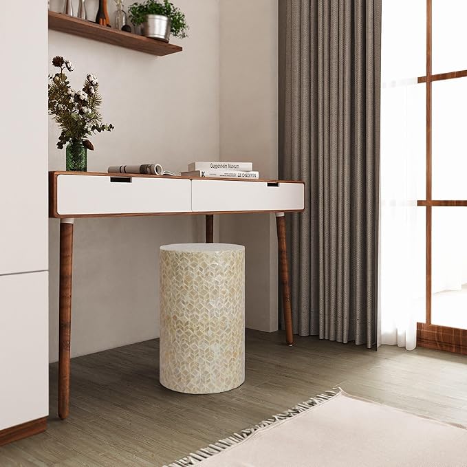 PEMAR Capiz Shell Cylinder Drum End Table Nacre Side Table Stool Round Drum Accent Coffee Bedside Nightstand and Vanity Stool (White Cream)