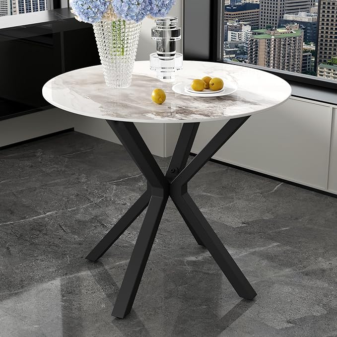 Marble Round Dining Table with Black Metal Legs, 32 in Modern Sintered Stone White Kitchen Table Circle Table for Dining Room Kitchen