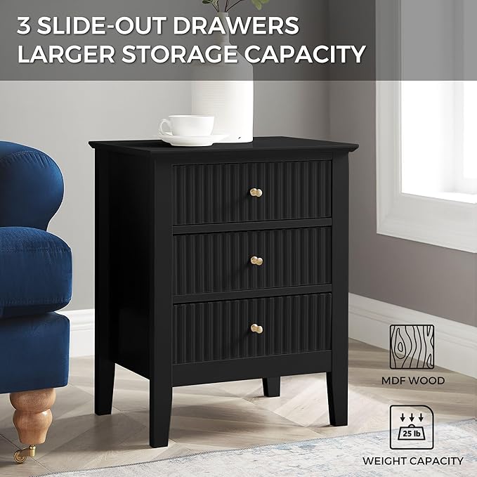 OCANDO Fluted Black Nightstand 19", 3 Drawers Night Stand, Bed Side End Table for Small Living Room, Modern Bedroom Storage Cabinet