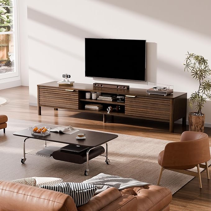 TV Stand for Living Room - up to 80 Inch TVs Mid Century Modern Entertainment Center with Storage and Adjustable Shelves, Media Console Table Walnut 70"