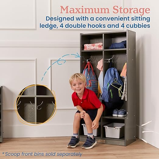 ECR4Kids 2-Section Coat Locker with Bench, Classroom Furniture, Grey Wash