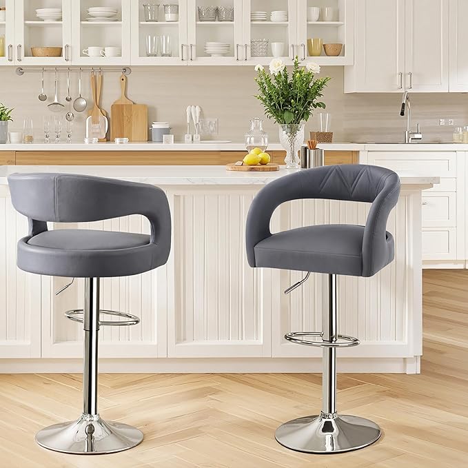 VECELO Bar Stools Set of 2 Adjustable Swivel Modern Pu Leather Barstools, Counter Bar Stools with Back and Arms, for Kitchen, Bar (Light Gry)