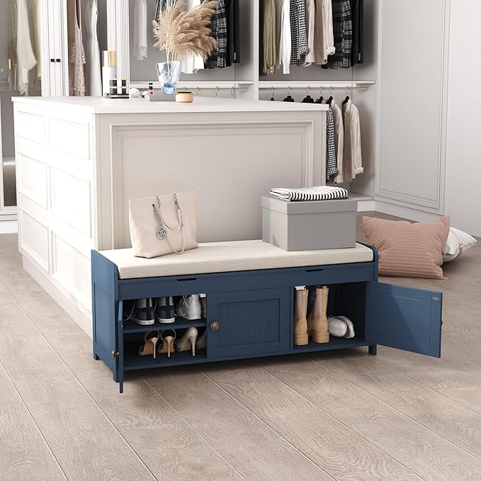 HOMEFORT 41.3" Shoe Bench with Lift Top Storage, Entryway Bench with Cushioned Seat, Wooden End of Bed Bench, Shoe Cabinet Bench with Hidden Storage Space, for Bedroom, Hallway,Blue