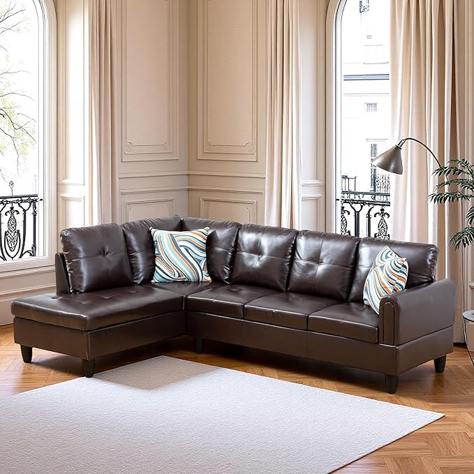 L Shaped Couch Sectional Couches with Chaise, 3 Pieces Modular Convertible Sofa for Living Room Furniture Sets and Small Apartment Faux Leathert, Brown