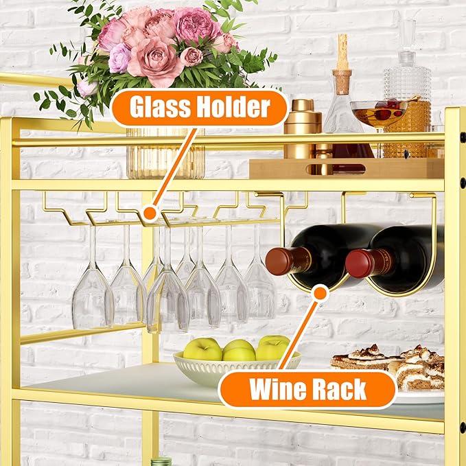 Gold Bar Cart, Serving Cart for Home, Rolling Beverage Cart with Wheels, Wine Cart, 3-Tier Drink Carts with Wine Rack, Glass Holder, Stylish Glass Shelf, for Kitchen, Living Room
