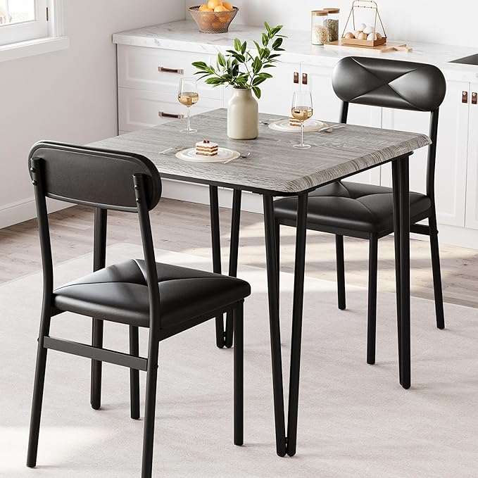 IDEALHOUSE Dining Table Set for 4, Kitchen Table with Upholstered Chairs for Kitchen Room and Small Spaces (Grey, Table with 2 Upholstered Chairs)