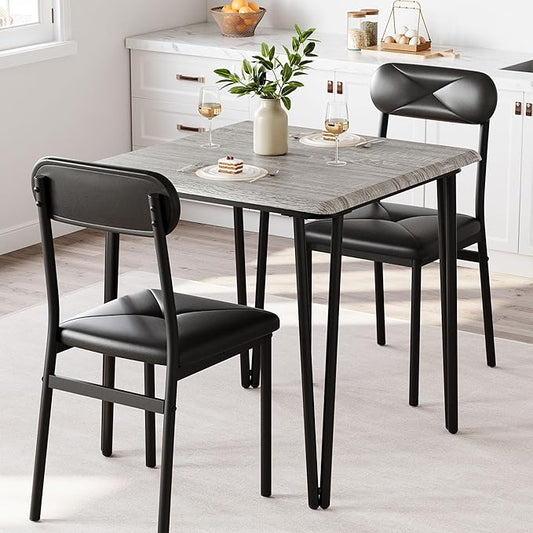 IDEALHOUSE Dining Table Set for 4, Kitchen Table with Upholstered Chairs for Kitchen Room and Small Spaces (Grey, Table with 2 Upholstered Chairs)