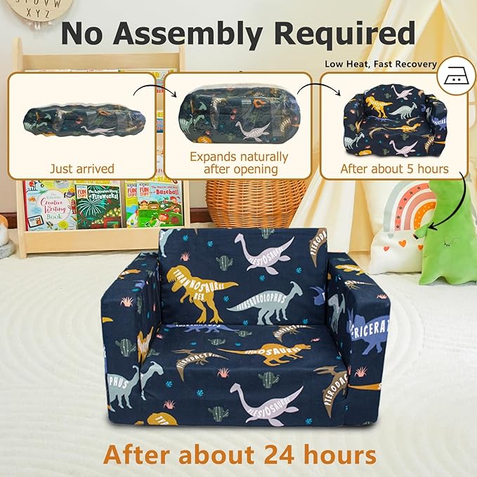 Kids Couch, 2-in-1 Kids Fold Out Couch, Convertible Kid Sofa to Lounger for Girls and Boys, Soft Toddler Chairs Comfy 1-3 Years Old (Dinosaur)