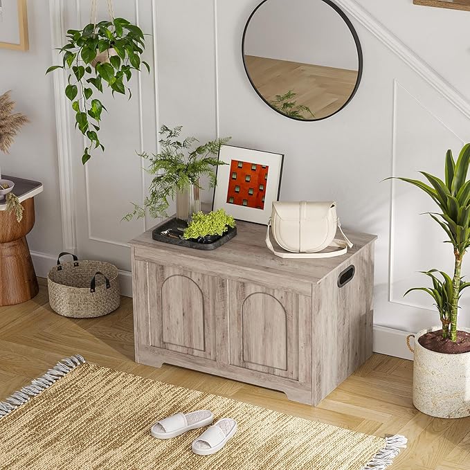 DINZI LVJ Storage Chest, 31.5”Wooden Storage Box with 2 Safety Hinges, Entryway Bench with Flip-Top, Sturdy Trunk for Living Room, Bedroom, Easy Assembly, Greige