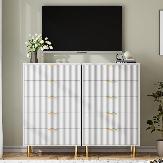 GarveeHome White Dresser, Modern 5 Drawer Dresser for Bedroom with Gold Handle and Large Drawer, Wood Double Chest of Drawers and Storage Organizer for Living Room, Hallway, Entryway