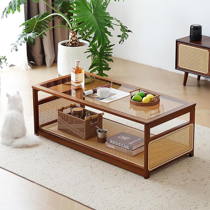 Welnow Rattan Coffee Table for Living Room, Modern 2-Tier Rectangle Center Table with Storage Shelf and Glass Top, Mid-Century Boho Furniture for Apartment, 47.5" Walnut