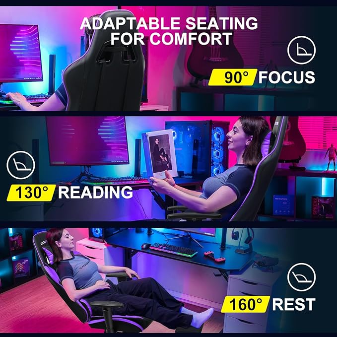 GTRACING Gaming Chair with Footrest, Ergonomic Computer Game Desk Chair, Reclining Gamer Chair Seat Height Adjustment, Swivel Rocker with Headrest and Lumbar, Purple