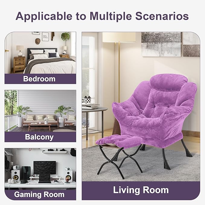 Fabric Lazy Chair with Ottoman, Oversized Upholstered Sofa Chair for Adults, Plush Comfy Lounge Chair with Large Side Storage Pocket, Reading Chair for Living Room, Bedroom, Office, Purple