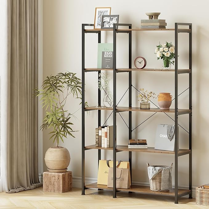 Tohomeor Bookshelf 5 Tier Deformable Corner Bookcase Free Standing Modern Industrial Book Storage Display Book Shelf for Bedroom Living Room Study Room Office (Brown)