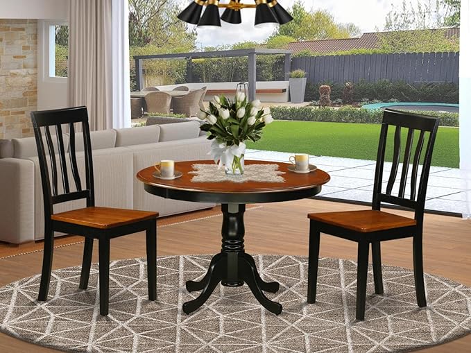 East West Furniture HLAN3-BCH-W 3 Piece Dining Table Set for Small Spaces Contains a Round Dining Room Table with Pedestal and 2 Wood Seat Chairs, 42x42 Inch, Black & Cherry