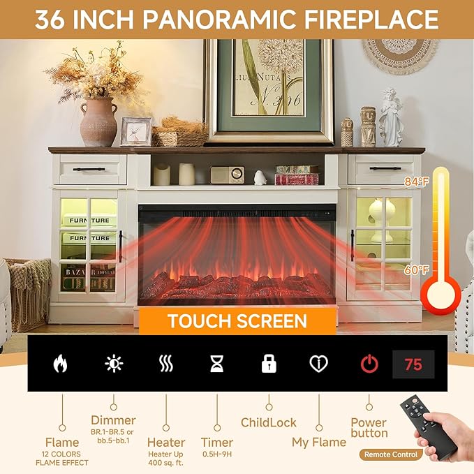 ROCKPOINT 3 Sided Glass 70" Fireplace TV Stand for TVs up to 80", Entertainment Center with Drawers and Glass Door Storage Cabinet for Living Room,36" Electric Fireplace & Adjustable LED Light,White