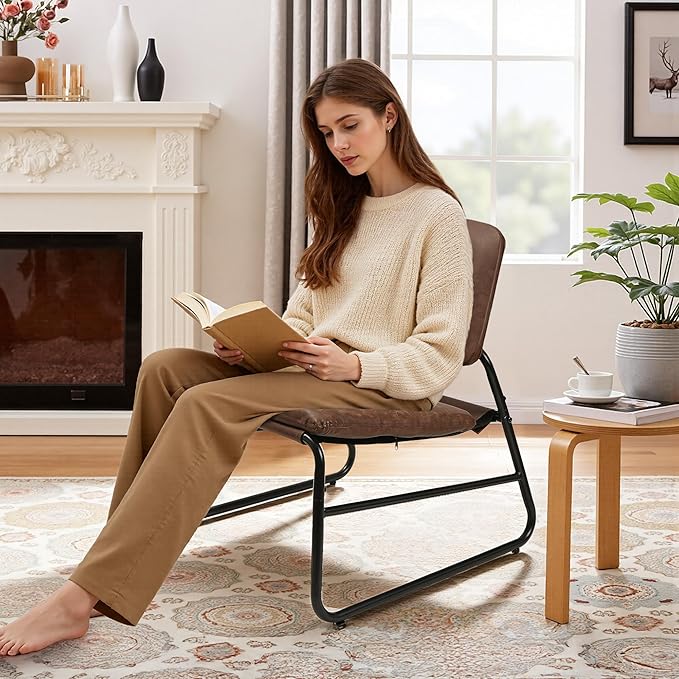 Modern Accent Chair Comfy Living Room Chair Armless Sling Accent Chairs Upholstered Side Sitting Chairs with Metal Frame for Office Reception Reading Bedroom Waiting Room, Brown