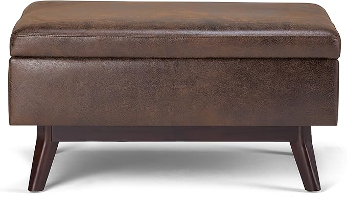 SIMPLIHOME Owen 34 inch Wide Mid Century Modern Rectangle Coffee Table Storage Ottoman in Distressed Chestnut Brown Vegan Faux Leather, Assembled, For the Living Room, Entryway and Family Room