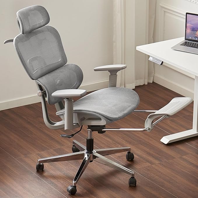 Ergonomic Mesh Office & Gaming Chair with Footrest, High Back Home Office Desk Chair, Comfortable Lumbar Support, 130° Tilt, Adjustable 3D Armrest & 2D Headrest (Grey)