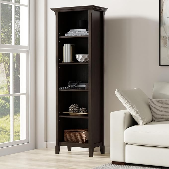 SIMPLIHOME Amherst Bookcase - 70 inch Tall 5-Shelf Solid Wood Bookshelf in Hickory Brown, Transitional Storage for Living Room, Study Room or Office with Adjustable Shelves and Tapered Legs