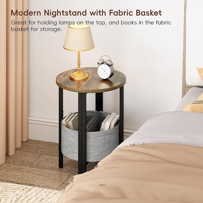 Vagusicc Small Round Side Table, Accent End Table with Storage Basket, Set of 2 Half Round Tables End Table, Coffee Bedside Table Half Moon Tables, Modern Nightstand for Living Room Bedroom, Brown