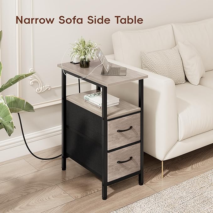 Vagusicc End Table with Charging Station, Narrow Side Table, 23.8'' Tall Nightstand with 2 Fabric Drawers, Small Sofa Side Table Narrow Nightstand for Small Spaces, Living Room, Bedroom, Rustic Grey
