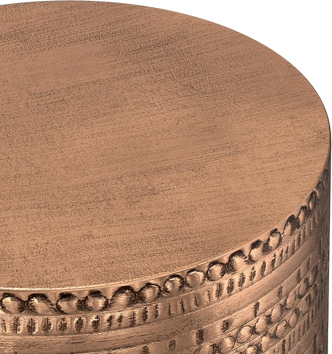 SIMPLIHOME Johnsen Metal Table - 15 inch Wide Solid Iron Drum Accent Table in Antique Copper with Tribal Pattern, Round Boho End Table for Living Room, Bedroom, or Home Office, Fully Assembled