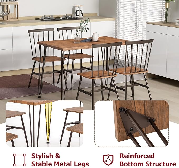 Tangkula Dining Table Set for 4, Kitchen Table and Chairs Set of 4 w/Metal Frame, 360° Swivel Feet, Space-Saving Dinette Table Set for Living Room, Restaurant, Breakfast Nook (Teak)