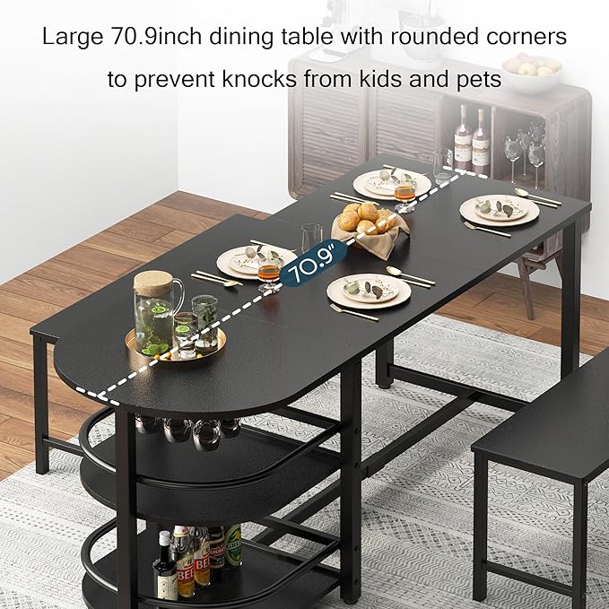 soges Dining Table for 4-6 Person, 71 inch Long Kitchen Dining Table for Living Room and Dining Room, Dinner Table with Storage Shelf & Cup Holder, Metal Legs(Only Table), Black