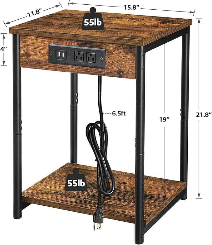 TUTOTAK Night Stand with Charging Station, Set of 2, End Table, Side Table with USB, 21.8”H Nightstand with Storage Shelf, Sofa Couch Table TB01BB029 (2 pcs)
