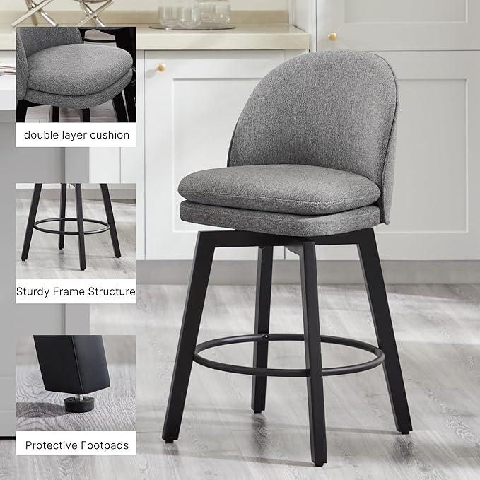 Counter Height Barstools 26 inch Upholstered Swivel Bar Stools with Back and Wood Legs for Kitchen Island,Set of 3,Dark Grey Fabric-Armless