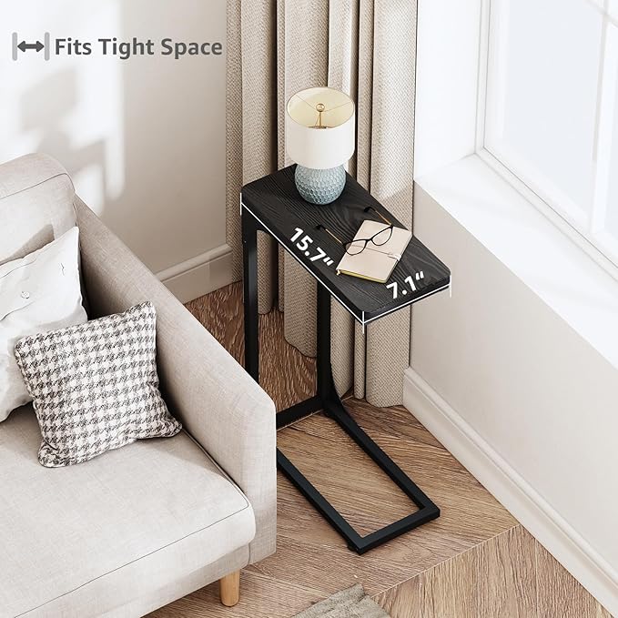 QEEIG Narrow C Shaped Side Table Set of 2 Living Room Sets Slim Couch Tray Tables Skinny Thin Small Modern 7 inch Width, Black (017-18B)